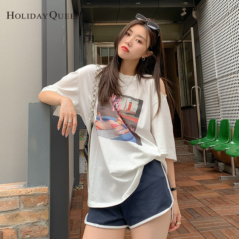 HolidayQueen Summer Korean Version of The New Off-the-shoulder Short-sleeved T-shirt Women's Loose Mid-length Half-sleeved Top ClothesWomen's clothing HQ1045