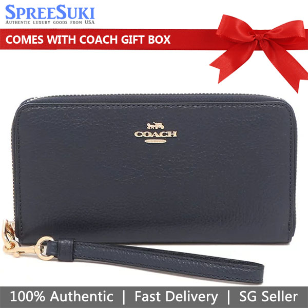 Coach Wallet In Gift Box Long Wallet Pebbled Leather Long Zip Around Wallet Midnight Navy Dark Blue # C4451